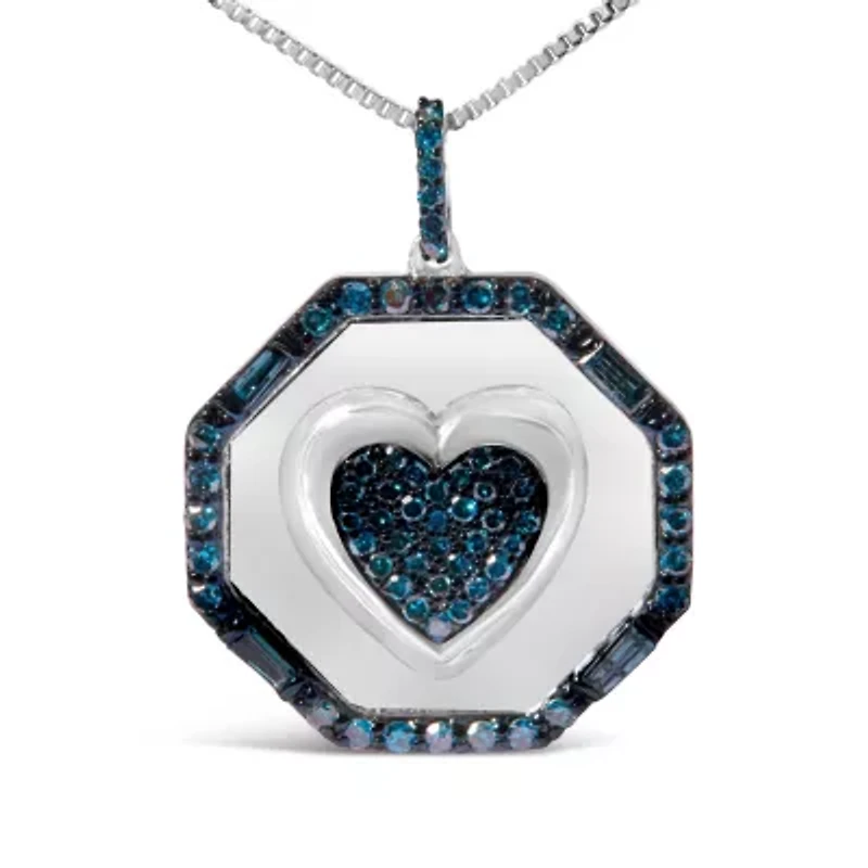 Silver 5/8 Cttw Blue Diamond Mirror Plate Heart and Diamond Halo Pendant Necklace