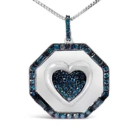 Silver 5/8 Cttw Blue Diamond Mirror Plate Heart and Diamond Halo Pendant Necklace
