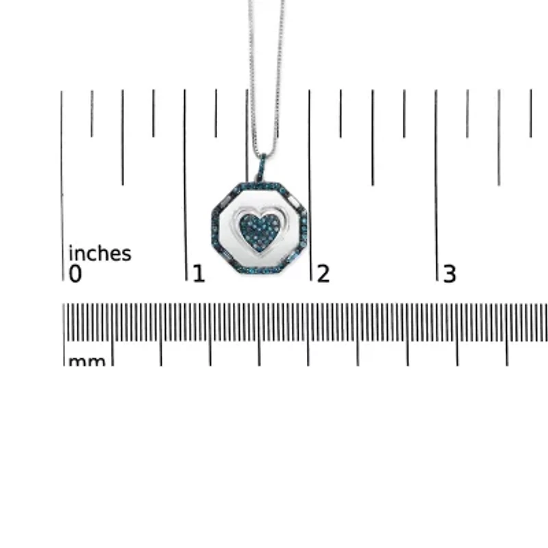 Silver 5/8 Cttw Blue Diamond Mirror Plate Heart and Diamond Halo Pendant Necklace
