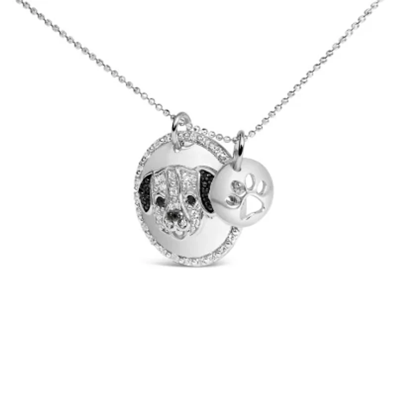 Silver 1/4 Cttw White and Black Diamond Pitbull Dog Charm 18" Pendant Necklace