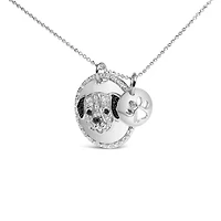 Silver 1/4 Cttw White and Black Diamond Pitbull Dog Charm 18" Pendant Necklace