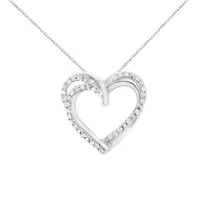 Silver 1/4 cttw Prong Set Round-Cut Diamond Woven Double Heart 18" Pendant Necklace