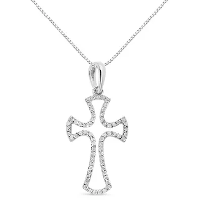 .925 Sterling Silver 1/3 Cttw Diamond Framed Open Cross 18" Pendant Necklace