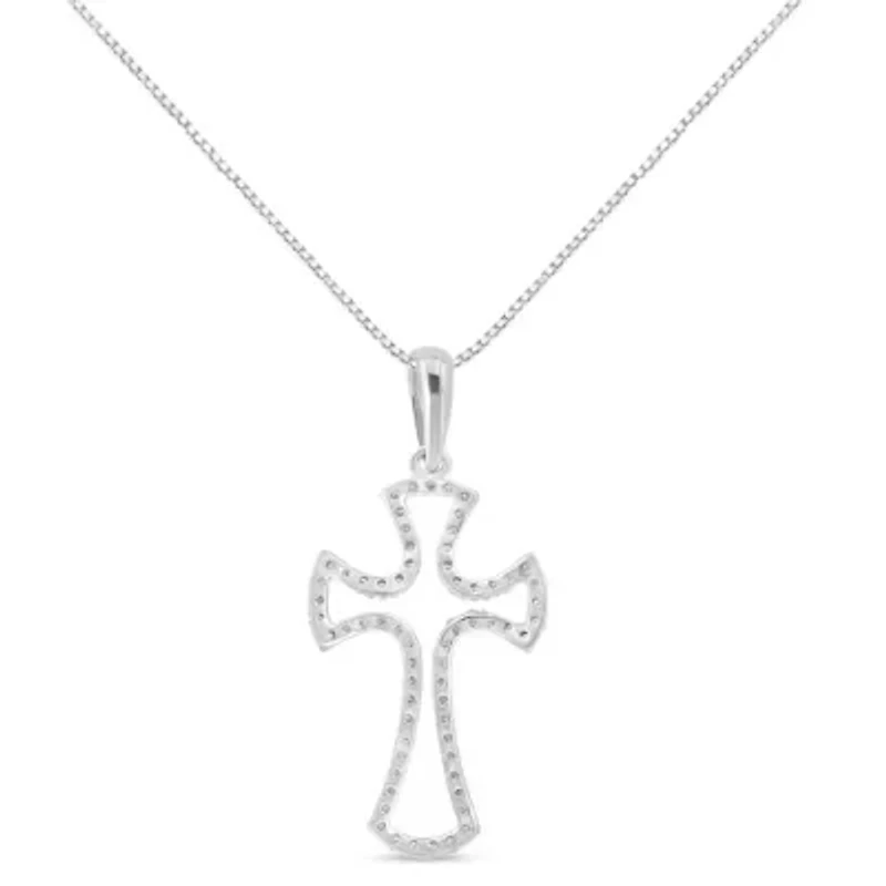 .925 Sterling Silver 1/3 Cttw Diamond Framed Open Cross 18" Pendant Necklace