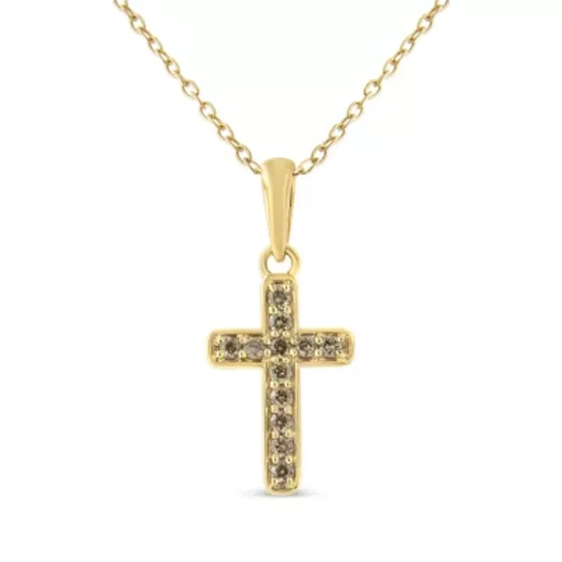 10K Yellow Gold Flashed Silver 1/4 Cttw Champagne Diamond Cross Pendant Necklace -