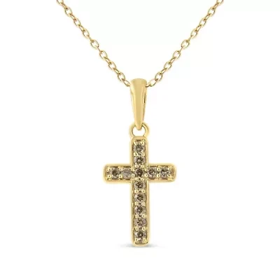 10K Yellow Gold Flashed Silver 1/4 Cttw Champagne Diamond Cross Pendant Necklace -
