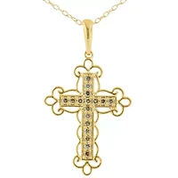 10K Yellow Flashed Silver 1/4 Cttw Champagne Diamond Filigree Cross Pendant Necklace