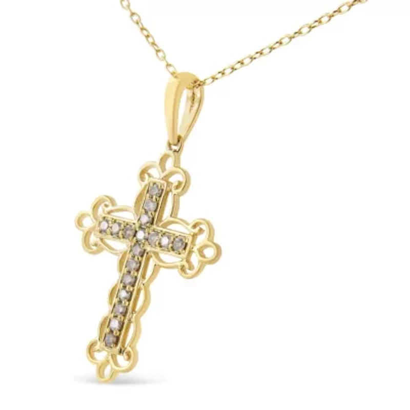 10K Yellow Flashed Silver 1/4 Cttw Champagne Diamond Filigree Cross Pendant Necklace