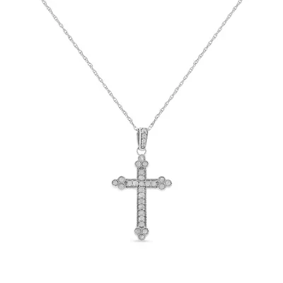 Silver 1/4 Cttw Prong Set Round-Cut Diamond Cross 18" Pendant Necklace -