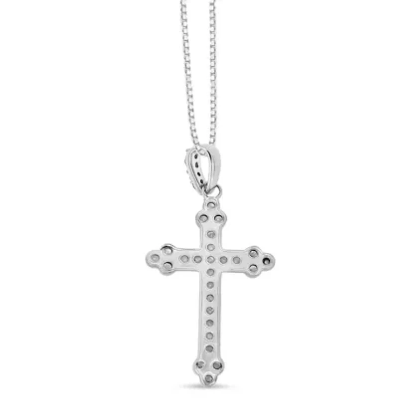 Silver 1/4 Cttw Prong Set Round-Cut Diamond Cross 18" Pendant Necklace -