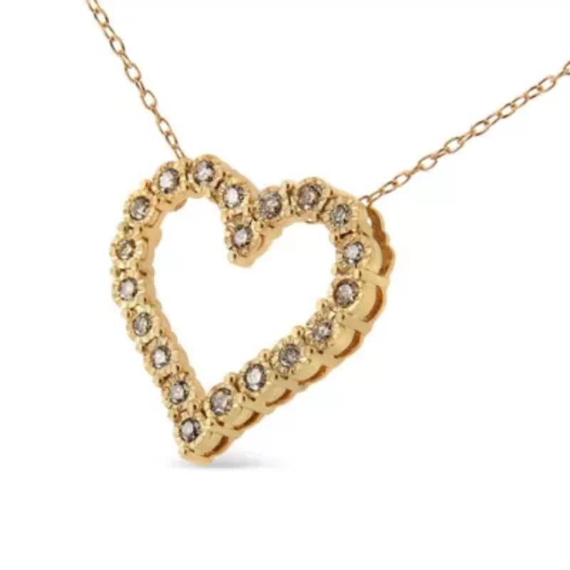 10K Yellow Gold over Silver 1/2 Cttw Champagne Diamond Heart Pendant Necklace - 18"