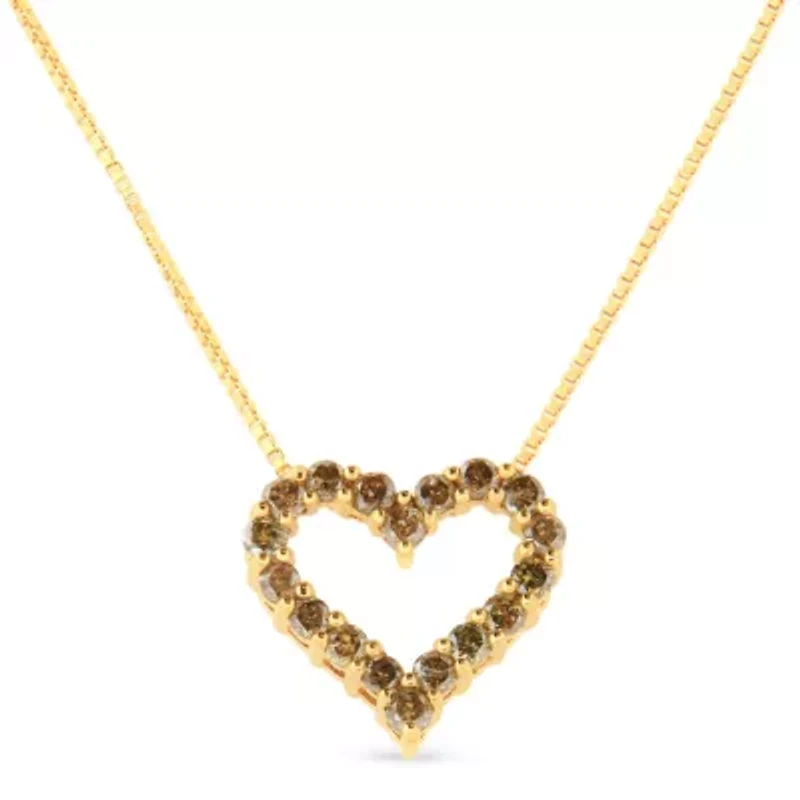 14K Yellow Gold Plated Silver 1.0 Cttw Champagne Diamond Heart Pendant Necklace -