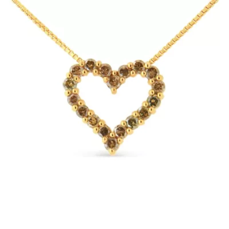 14K Yellow Gold Plated Silver 1.0 Cttw Champagne Diamond Heart Pendant Necklace -