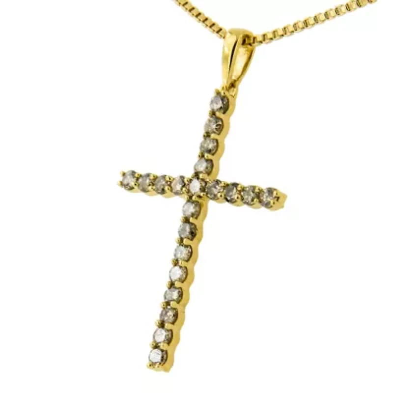 14K Yellow Gold Plated Silver 1/2 Cttw Champagne Diamond Cross Pendant Necklace -