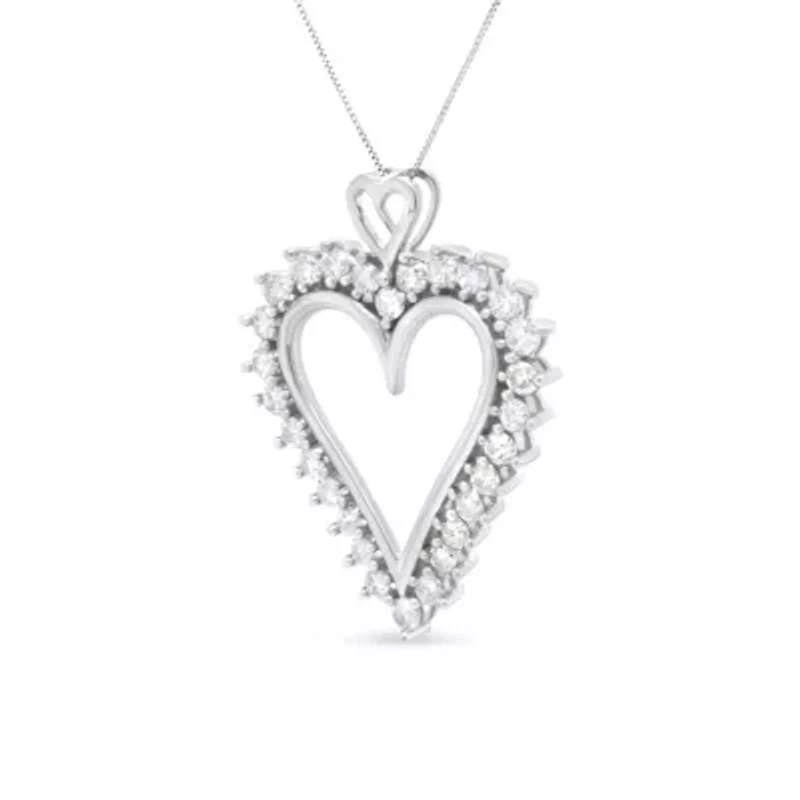.925 Sterling Silver 1 3/4 Cttw Round Diamond Lined Open Heart Pendant 18" Necklace