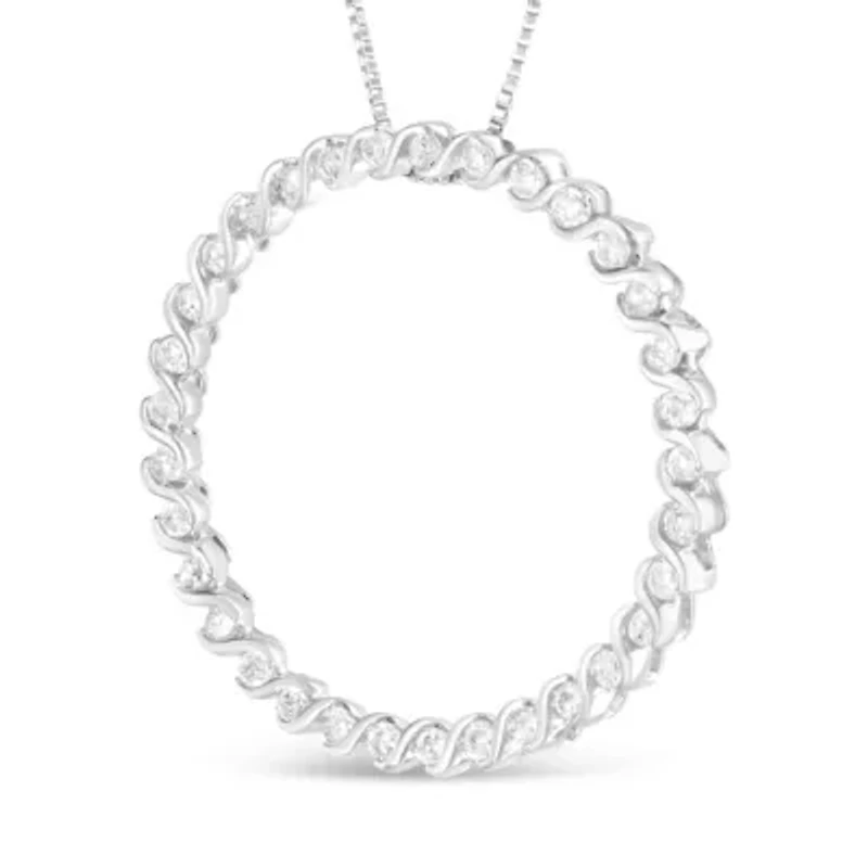 Silver 3/4 Cttw Round Diamond Spiral Curved Circle Pendant 18" Necklace