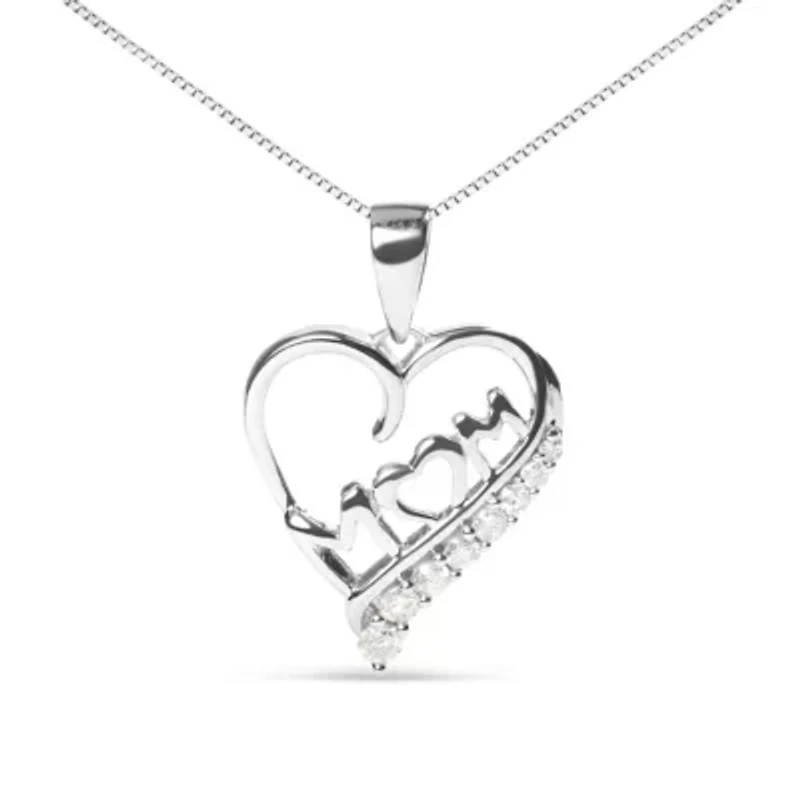 .925 Sterling Silver 1/4 Cttw Diamond "Mom" and Open Heart 18" Pendant Necklace