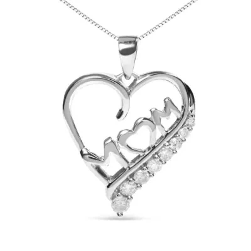 .925 Sterling Silver 1/4 Cttw Diamond "Mom" and Open Heart 18" Pendant Necklace
