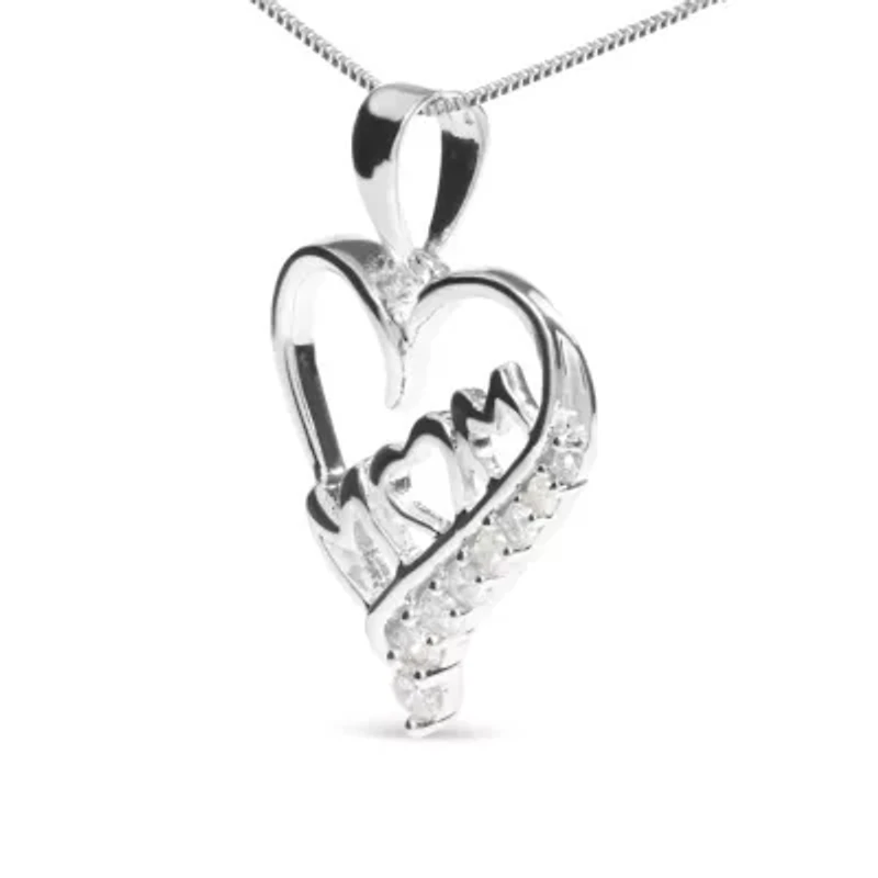 .925 Sterling Silver 1/4 Cttw Diamond "Mom" and Open Heart 18" Pendant Necklace
