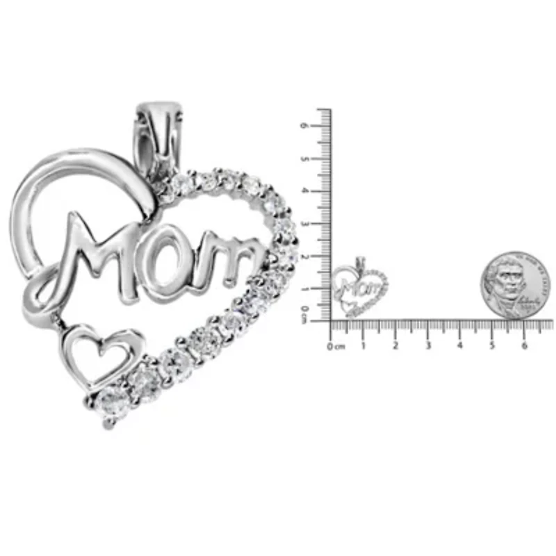 .925 Sterling Silver 1/4 Cttw Round Diamond "Mom" Heart Pendant 18" Necklace