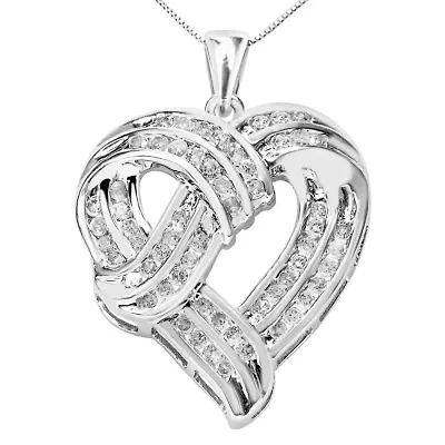 Silver 1 1/4 Cttw Round Diamond Openwork Ribbon Weave Heart Pendant 18" Necklace