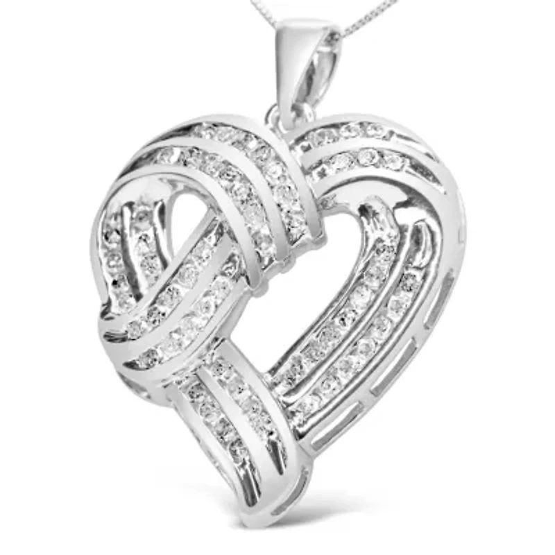 Silver 1 1/4 Cttw Round Diamond Openwork Ribbon Weave Heart Pendant 18" Necklace
