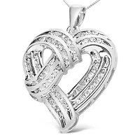 Silver 1 1/4 Cttw Round Diamond Openwork Ribbon Weave Heart Pendant 18" Necklace