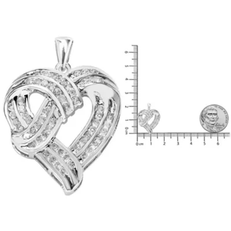 Silver 1 1/4 Cttw Round Diamond Openwork Ribbon Weave Heart Pendant 18" Necklace