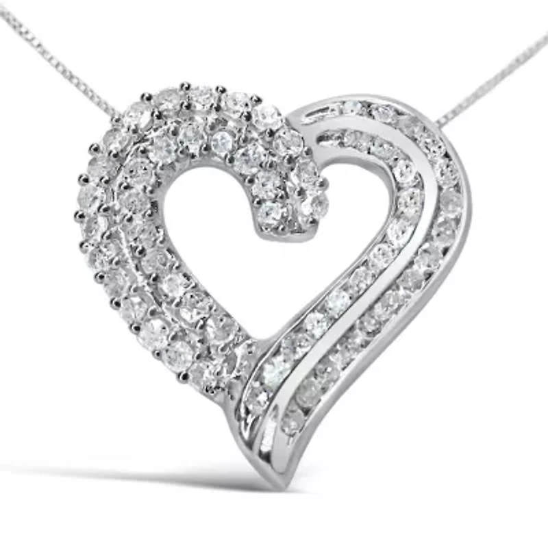Silver 1.0 Cttw Prong & -Set Diamond Open work Ribbon Heart Pendant 18" Necklace