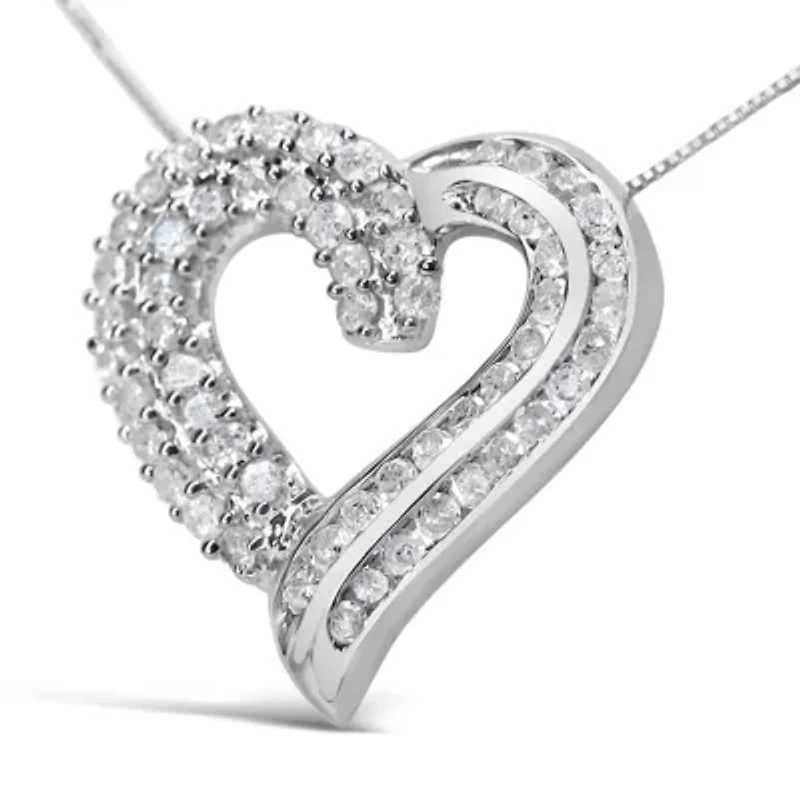Silver 1.0 Cttw Prong & -Set Diamond Open work Ribbon Heart Pendant 18" Necklace
