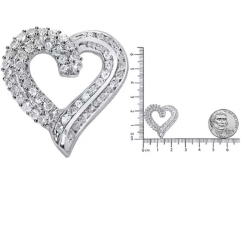 Silver 1.0 Cttw Prong & -Set Diamond Open work Ribbon Heart Pendant 18" Necklace