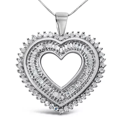 .925 Sterling Silver 1.0 Cttw Baguette and Round Diamond Heart Pendant 18" Necklace