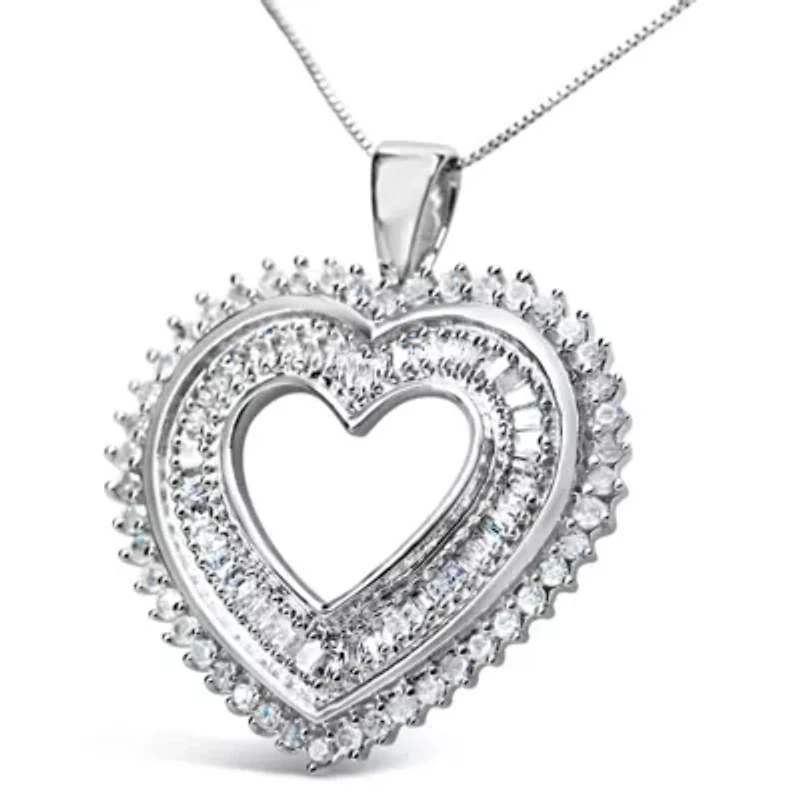 .925 Sterling Silver 1.0 Cttw Baguette and Round Diamond Heart Pendant 18" Necklace