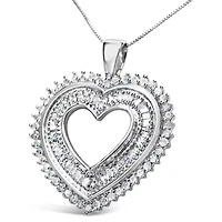 .925 Sterling Silver 1.0 Cttw Baguette and Round Diamond Heart Pendant 18" Necklace