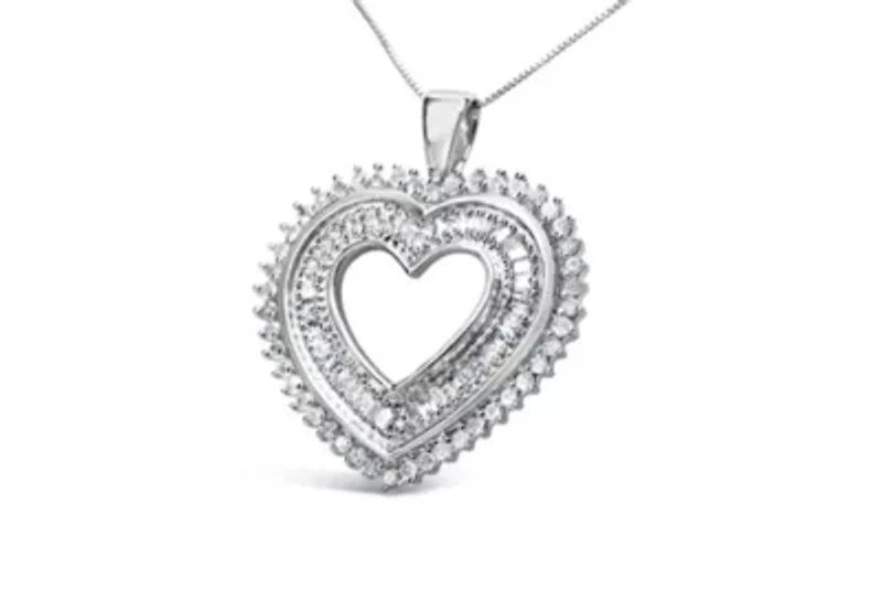 .925 Sterling Silver 1.0 Cttw Baguette and Round Diamond Heart Pendant 18" Necklace