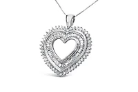 .925 Sterling Silver 1.0 Cttw Baguette and Round Diamond Heart Pendant 18" Necklace