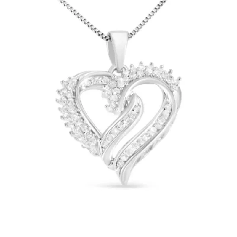 .925 Sterling Silver 1/2 Cttw Diamond Double Row Openwork Heart Pendant 18" Necklace