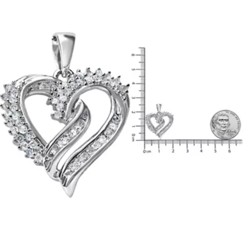 .925 Sterling Silver 1/2 Cttw Diamond Double Row Openwork Heart Pendant 18" Necklace