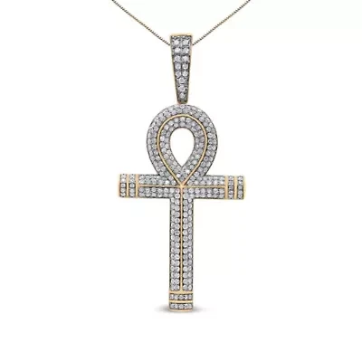 10K Yellow Gold 1 7/8 Cttw Diamond Ankh Cross Pendant for Men - NO CHAIN