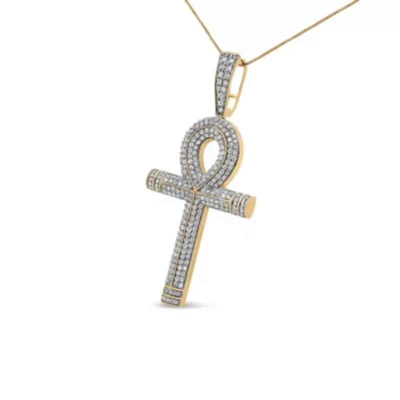 10K Yellow Gold 1 7/8 Cttw Diamond Ankh Cross Pendant for Men - NO CHAIN