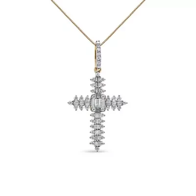 10K Yellow Gold 7/8 Ctw Diamond Zigzag Pattern Cross Pendant - NO CHAIN INCLUDED