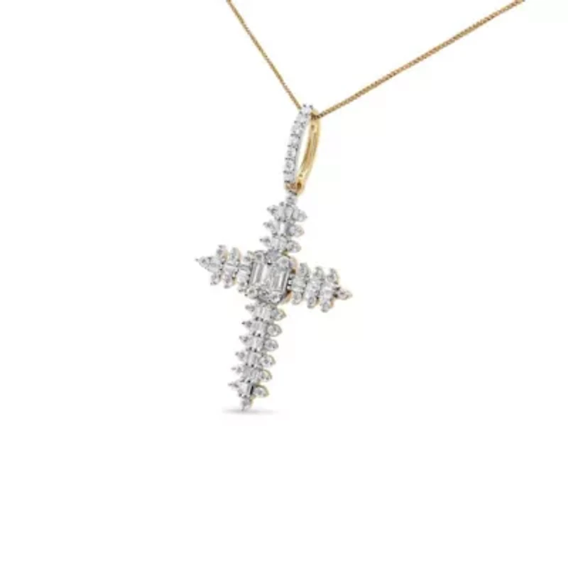 10K Yellow Gold 7/8 Ctw Diamond Zigzag Pattern Cross Pendant - NO CHAIN INCLUDED