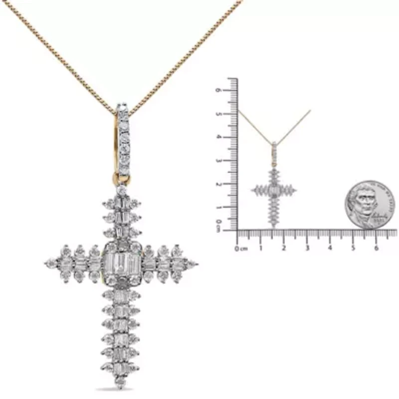 10K Yellow Gold 7/8 Ctw Diamond Zigzag Pattern Cross Pendant - NO CHAIN INCLUDED