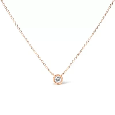 14K Rose Gold Plated Sterling Silver Bezel- Diamond Solitaire Pendant Necklace