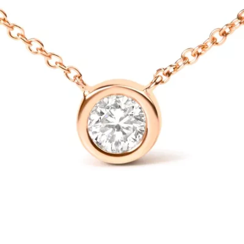 14K Rose Gold Plated Sterling Silver Bezel- Diamond Solitaire Pendant Necklace