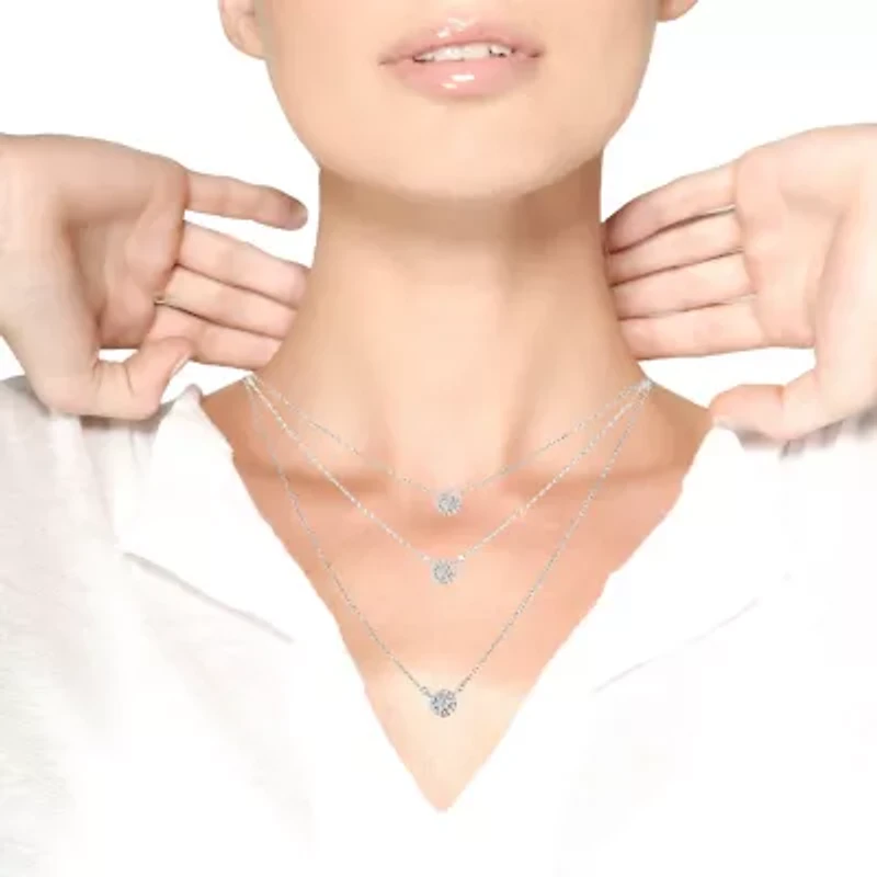 Silver 1/2 Cttw Round Diamond Medallion Multi-Strand Tri Pendant 18" Necklace