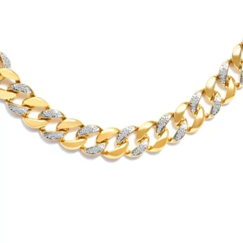 14K Yellow Gold Plated Silver 1.0 Cttw Diamond Cuban Link Necklace - 18" Inches