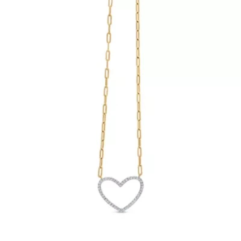14K Yellow Gold Plated Silver 1/4 Cttw Diamond Heart with Paperclip Chain Necklace
