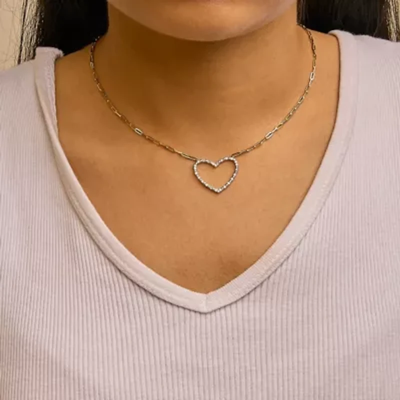 14K Yellow Gold Plated Silver 1/4 Cttw Diamond Heart with Paperclip Chain Necklace