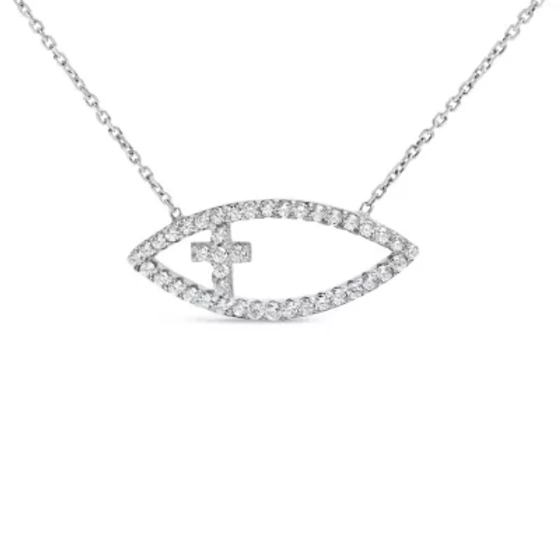 .925 Sterling Silver 1/2 Cttw Diamond Cross and Evil Eye 18" Inch Pendant Necklace